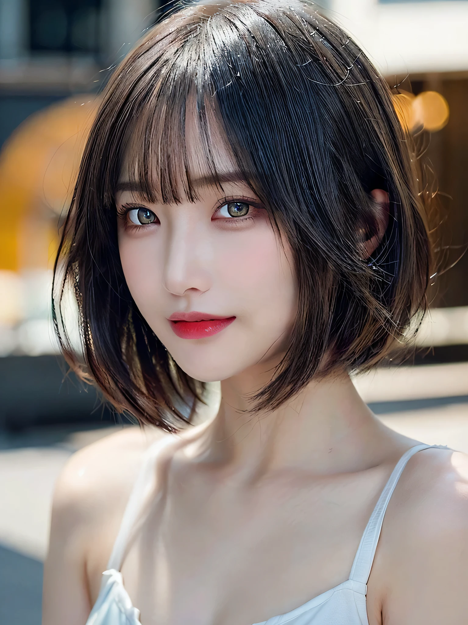 (8k), (best quality), (masterpiece:1.3), (realistic), (photorealistic:1.36), ultra-detailed, cinema lights,white bikini,smile,
1girl, solo, (((dark short cut hair with bangs))), (finely detailed beautiful amber eyes: 1.2),  lustrous skin, show Clavicle, perfect skin, (adult face:1.2), (medium_breasts:1.3),