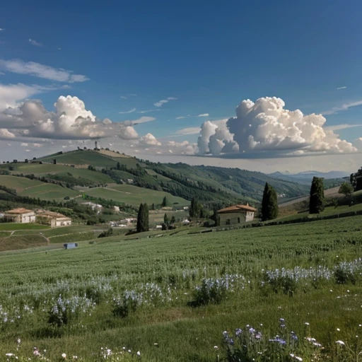 Cielo azzurro, poche nuvole, sfondo montagna, uomo di spalle, seduto, che scrive al computer