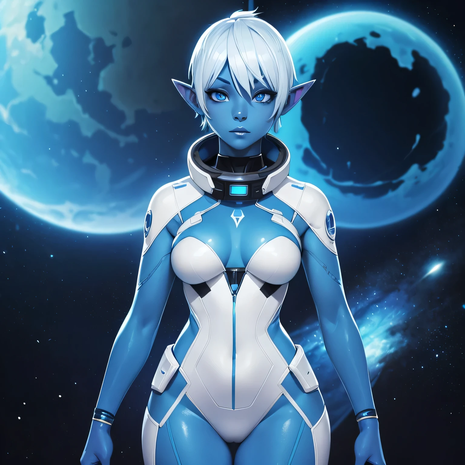 Beautiful alien woman with bright blue skin, short white hair that is shaved on the sides, blue eyes, pointed ears, a flat chest, and wide hips. Wearing a sci-fi space suit. ((bright blue skin))
