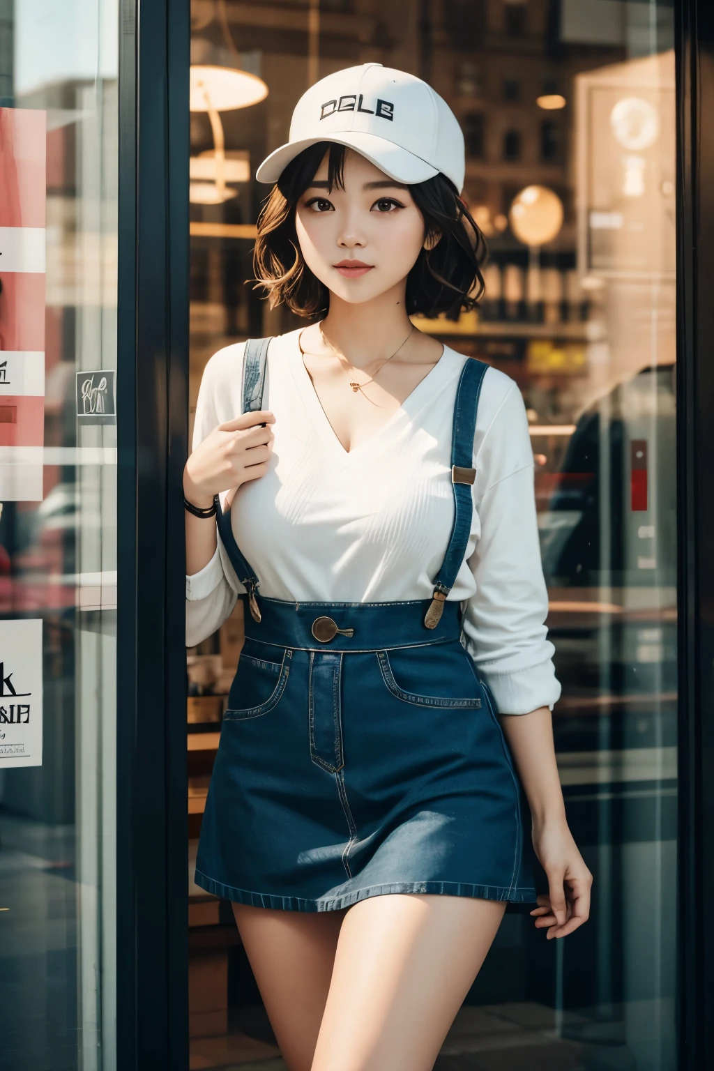 full-body portrait photograph of a young woman with polo Cap with "Wavy shoulder-length short hair." wearing pinafore, , miniskirt with leggings, oversized_breasts.", she is strongest woman on Earth, beautiful_breasts. sensual body, standing, cute styl chlotes, in a unique, photoshot model, standing in front of a coffe shop window building, neutral colors, Pastel tone, soft light, photo, portrait photography, cinematic