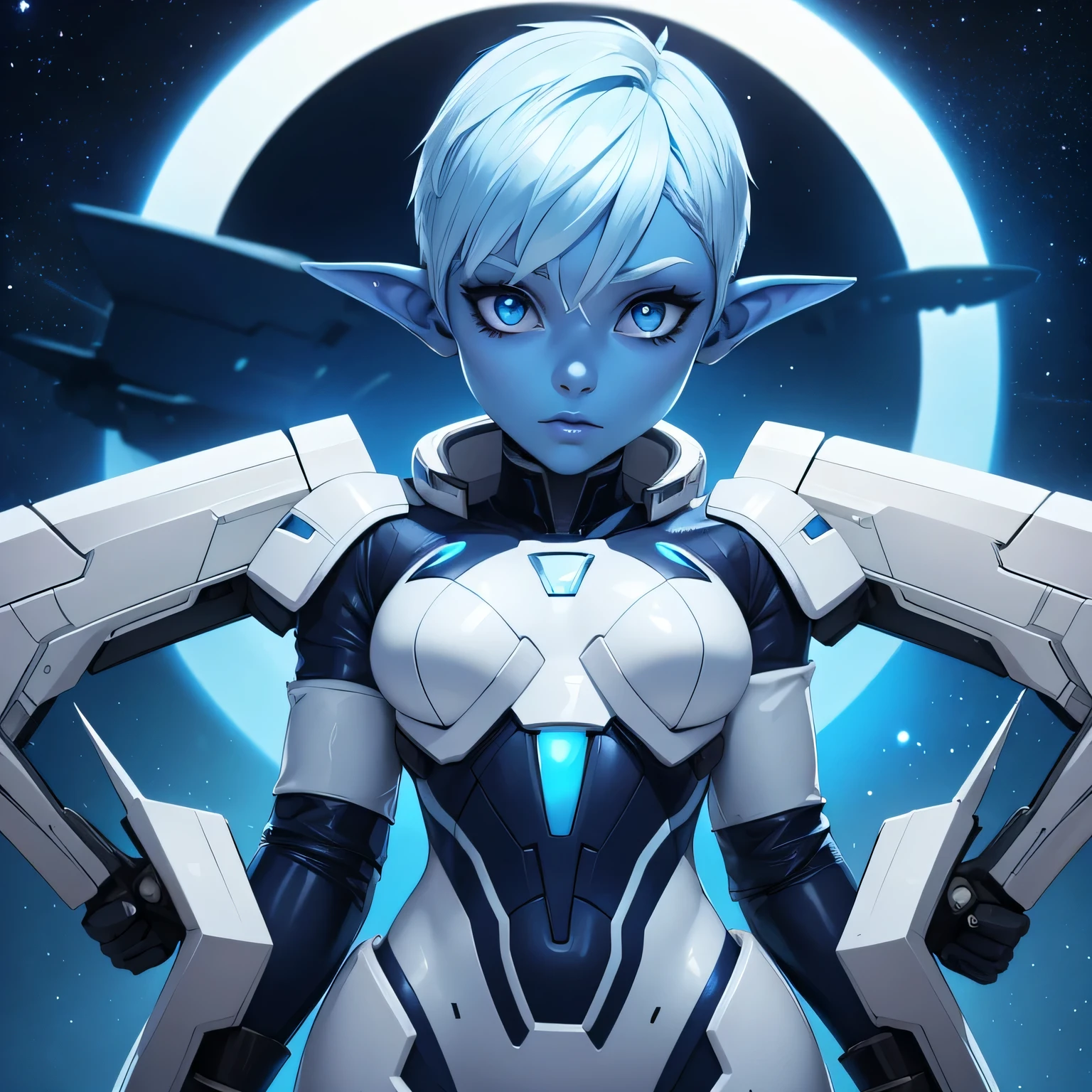 Beautiful alien woman with bright blue skin, short white hair that is shaved on the sides, blue eyes, pointed ears, a flat chest, and wide hips. Wearing a sci-fi space suit. ((bright blue skin))
