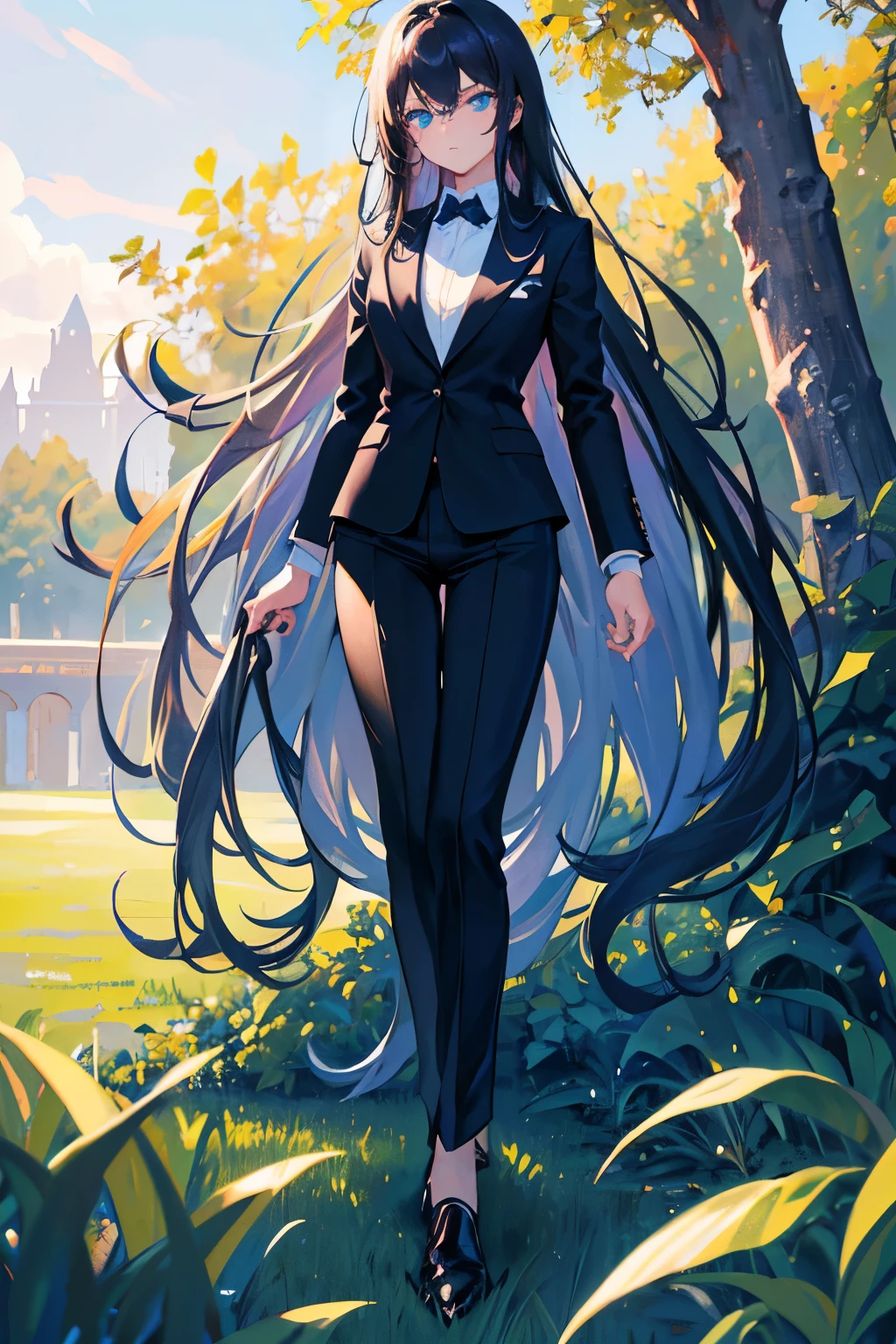 1girl, Black straight long hair, Blue eyes, (Detailed face), Full body, ((intense Blue formal suit),, (Grasslands bakcground), masterpiece, black pants,