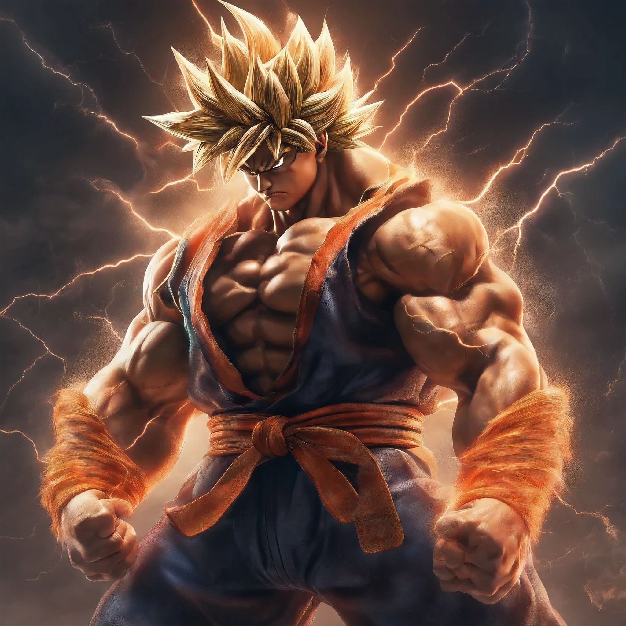 realistic 3d rendering of goku украинец в желто синих тонах , surrounded by lightning, big muscular, full body photography, hyperrealistic