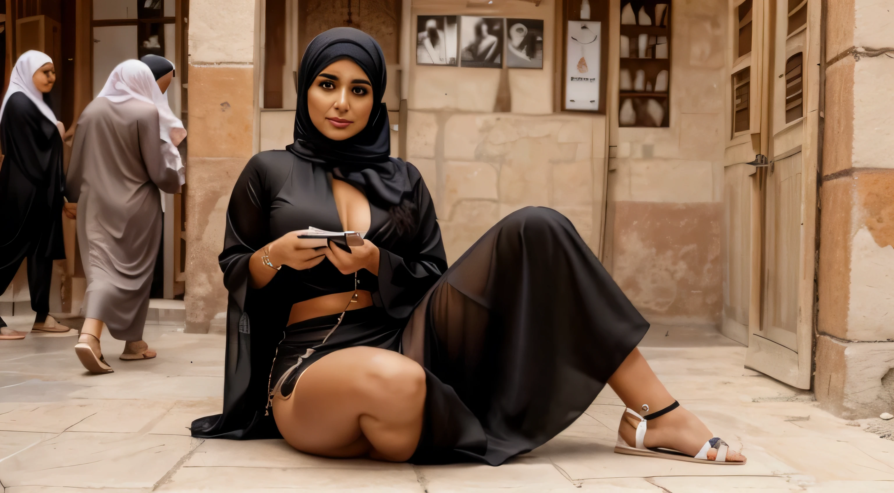Arafat woman wearing a black dress, sitting on the floor with a mobile phone, A beautiful Arab woman, Pretty woman, Wear black clothes, Middle Eastern, tanned ameera al taweel, young Middle Eastern woman, arabian beauty, With beautiful aliens, Mia Khalifa, Looking seductively ahead, Middle Eastern skin, Arab wrestling woman, Pretty woman