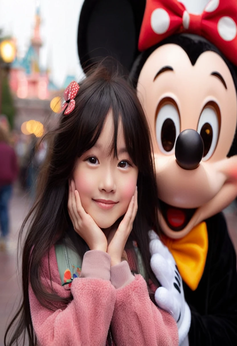 minnie mouse and a posing for a picture in front of a mickey mouse, beautiful mouse - girl, disney land, disney character, minnie mouse, mickey mouse, disneyland, disney and kyoto animation, disney 8 k photo, disney!!, disney artist, disney disney, big disney eyes, by Tadashi Nakayama, disney cartoon face, portrait of mickey mouse