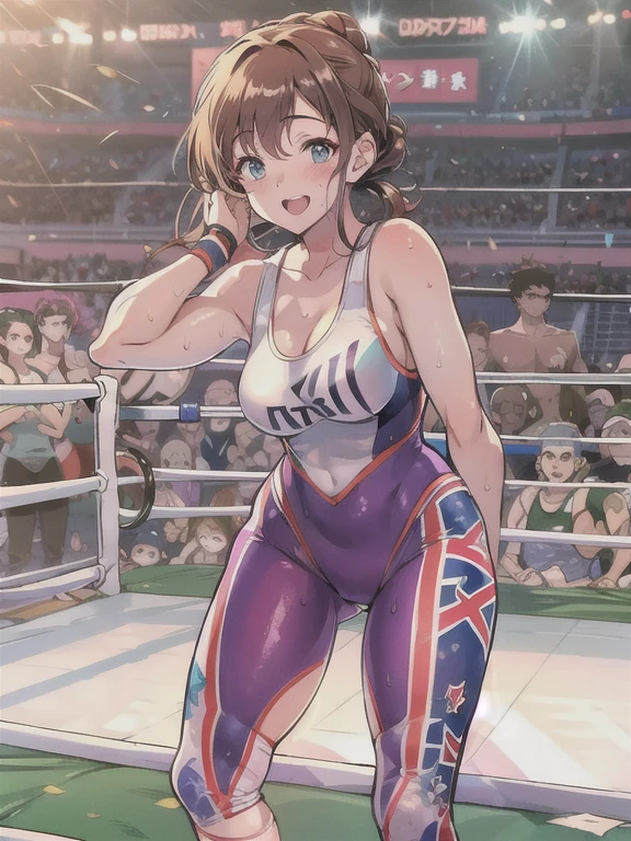 ((Best quality)), ((masterpiece)), ((anime style)), ((1 girl)), female wrestler, competition swimsuit, ((wrestling ring)), mature, milf, 30s, sweaty armpit, very sweaty, standing, victory pose, looking at viewer, smile, highleg, long hair, curvy,