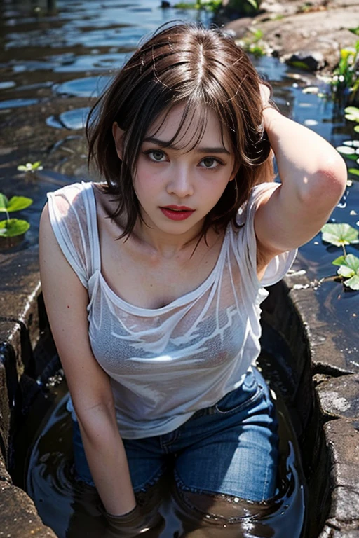 (highest quality,High resolution,masterpiece, overhead view:1.20),super detailed,female,jeans,wet shirt、in a swamp,Are standing:1.2, Mud stains、,dead animal floating in the mud、fetish, , (at the bottom of the mud:1.3),fetish ecstasy:1.2,Rough texture,heavy air、There is a melancholy expression on the female's face.,Pause,,feeling of hopelessness、,desperate look,Fell into darkness,Desolate terrain,eerie atmosphere,supernatural feeling,asymmetrical bangs, freckles、realistic skin texture, blonde short hair, bangs, freckles, brown eyes