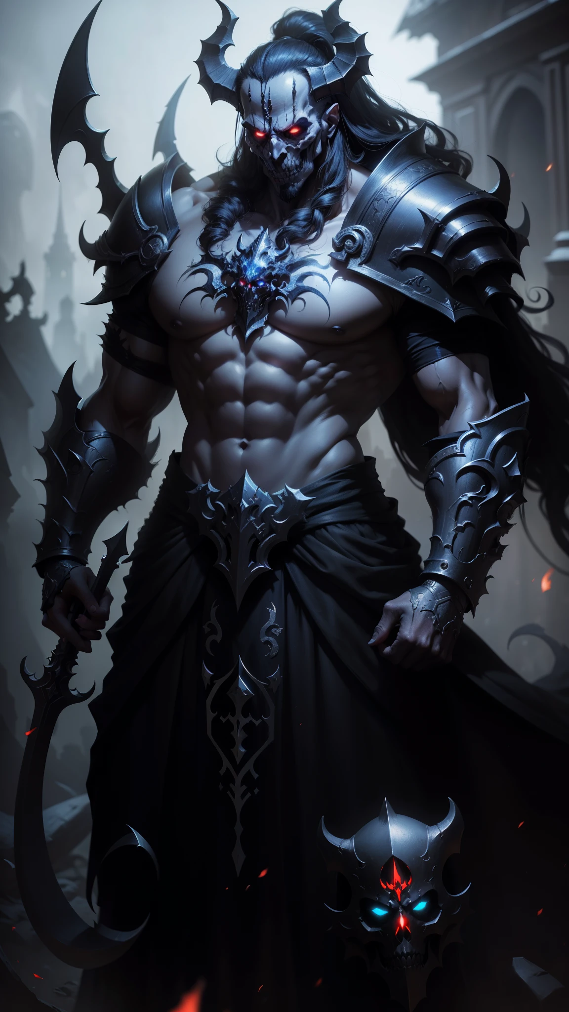 a closeup of a person in a demonic costume, demon soul concept art, diablo digital concept art, hermoso dios masculino de la muerte, Dark fantasy style art., armadura de demonio, tendencia en artstation, por Yang J., diablo concept art, Detailed 2D digital fantasy art, demonio masculino humano, sartén chengwei en artstation, Caballero de la muerte