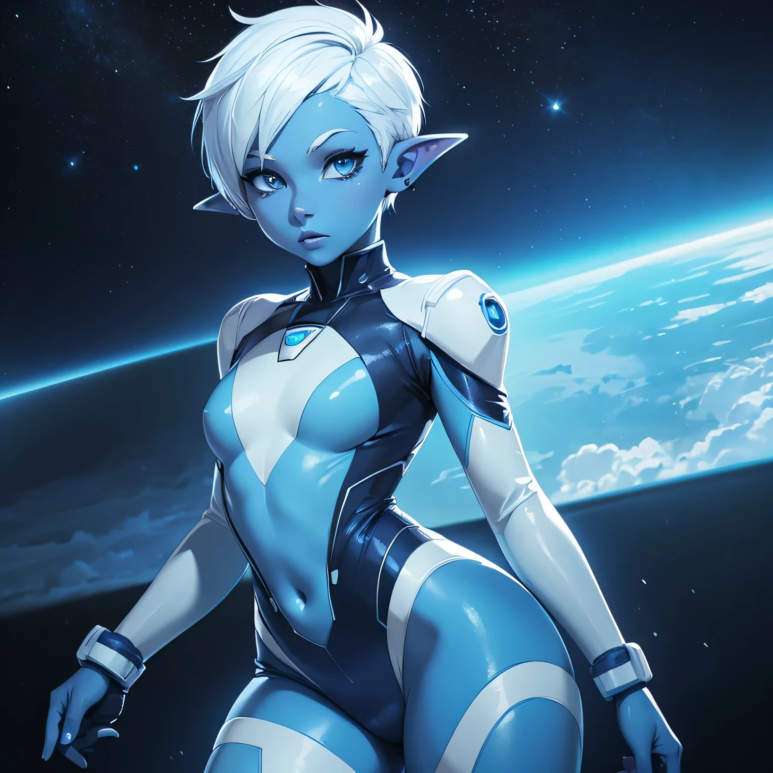 Beautiful alien woman with bright blue skin, short white hair that is shaved on the sides, blue eyes, pointed ears, a flat chest, and wide hips. Wearing a sci-fi space suit. ((bright blue skin))