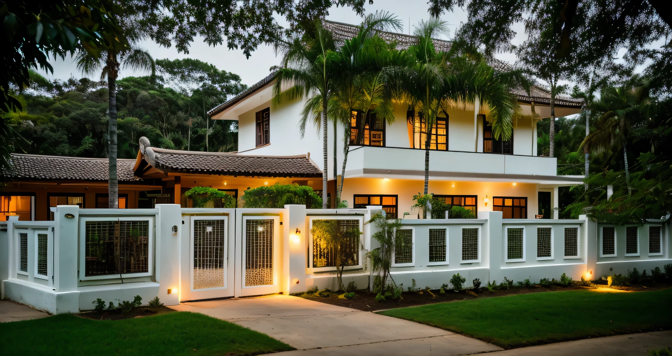 outdoor Vietnamese wooden house, carefully cut green trees, areca trees around the house, car road in front of the house, white walls, tiled roof, wooden doors and glass, (night: 1.2), (northern light) , beautiful landscape, front of house, back of house forest, RAW photo, 8k uhd, dslr, soft light, high quality, film grain, Fujifilm XT3, (indoor lighting),
