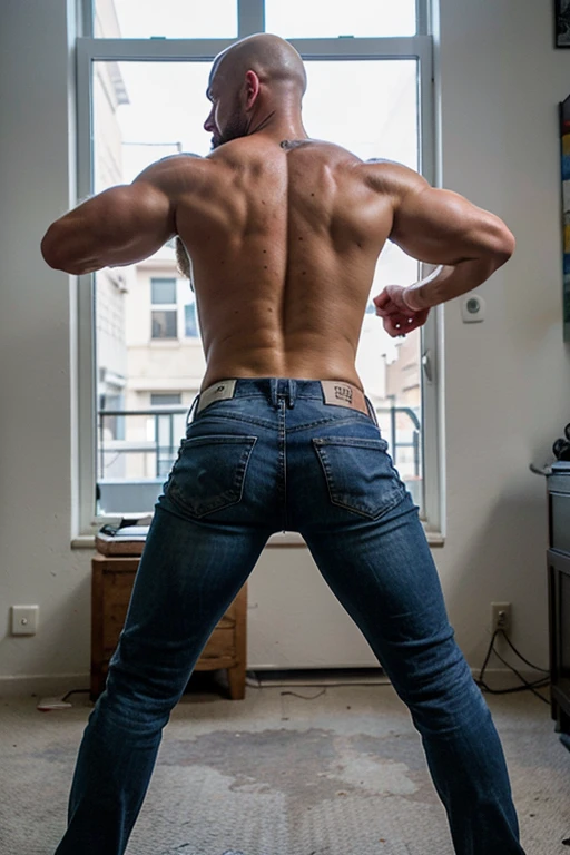 muscular manly man bald with beard, 45 years old, full body, with his back turned bent over, naked blue white jeans. Backside