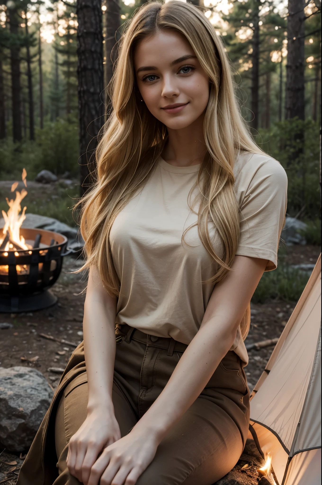 masterpiece, best quality, extremely detailed, hyperrealistic, photorealistic, warm hue, warm tone, a beautiful 20s french model, ultra detailed face:1.2, at night:1.2,  sitting near campfire, in a forest, with stars and milky way trails:1.1, holding the mug with both hands, real steam visible, smoke, shadows, tent, backpack, light blue t-shirt:1.1, curly hair, blonde hair, pale skin, busty breasts, surprised