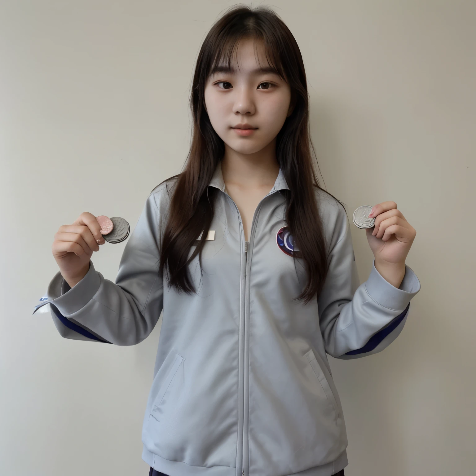 17 years old Korean student with student uniform holding silver medal