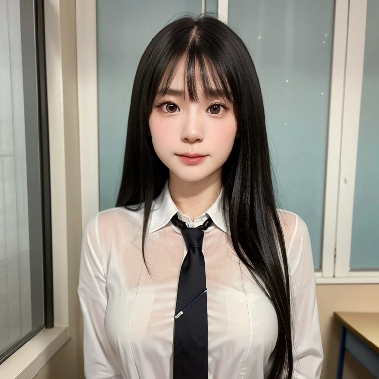 (kawaii 24 year-old Japanese girl, Nogizaka idol, Korean idol), (glossy black hair, seductive hair style:1.3), (extra rounded face, single eyelid, no makeup, soft smiling:1.2), (wearing collared shirt, necktie:1.3), (well shaped extra small breasts:1.2), (looking at viewer:1.2), BREAK, (classroom background, standing by the window:1.3), (dynamic angle, face focus:1.3), BREAK, (masterpiece, best quality, photo realistic, official art:1.4), (UHD, 8K quality wallpaper, high resolution, raw photo, film grain:1.2), (shiny skin), professional lighting, physically based rendering, award winning, (perfect anatomy, highly detailed skin textures, extremely detailed face and eyes, well drawn glittering pupils), Carl Zeiss 85 mm F/1.4, depth of field, 1girl, solo,
