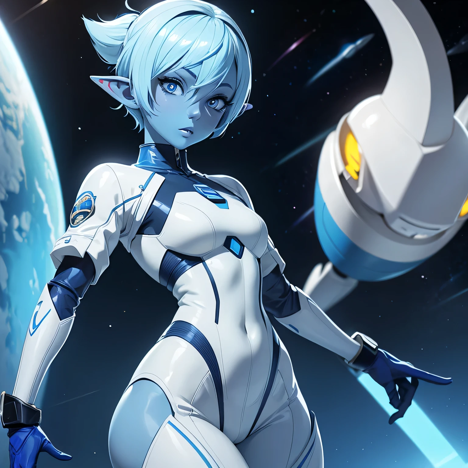 Beautiful alien woman with bright blue skin, short white hair that is shaved on the sides, blue eyes, pointed ears, a flat chest, and wide hips. Wearing a sci-fi space suit. ((bright blue skin))
