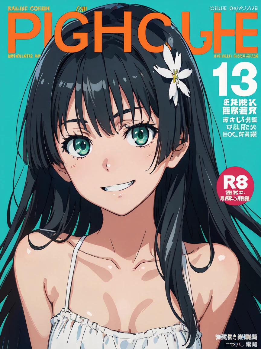 penthouse-cover, (High resolution:1.4), (masutepiece:1.2), (High quality:1.3) 1girl, saten ruiko, green eyes, long hair, black hair, small breast, grin