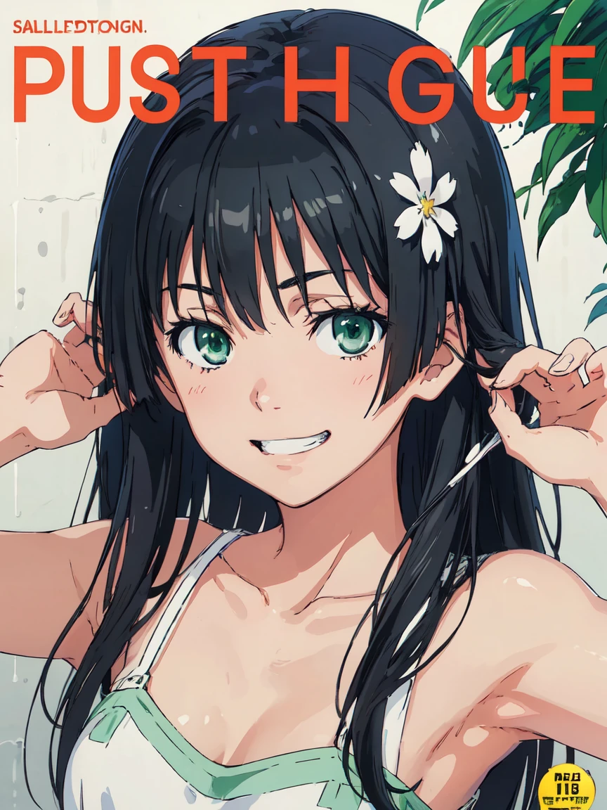 penthouse-cover, (High resolution:1.4), (masutepiece:1.2), (High quality:1.3) 1girl, saten ruiko, green eyes, long hair, black hair, small breast, grin