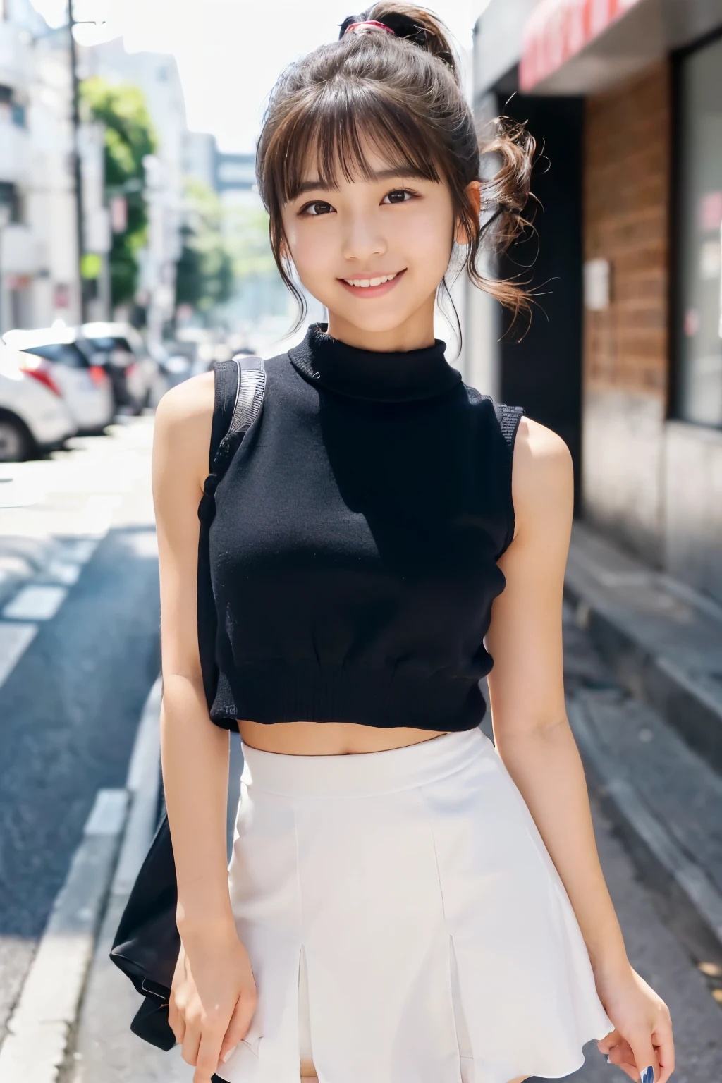 (A very cute young woman from Japan)、((Short ponytail hair))、(((clean hands)))、(curly hair)、(((very sweet smile)))、(((super mini skirt)))、(((The upper body is sleeveless)))、(((Lower body miniskirt)))、highest quality、16 K、muste piece: 1.3))、face light、super detailed face、highly detailed lips、detailed eyes、street