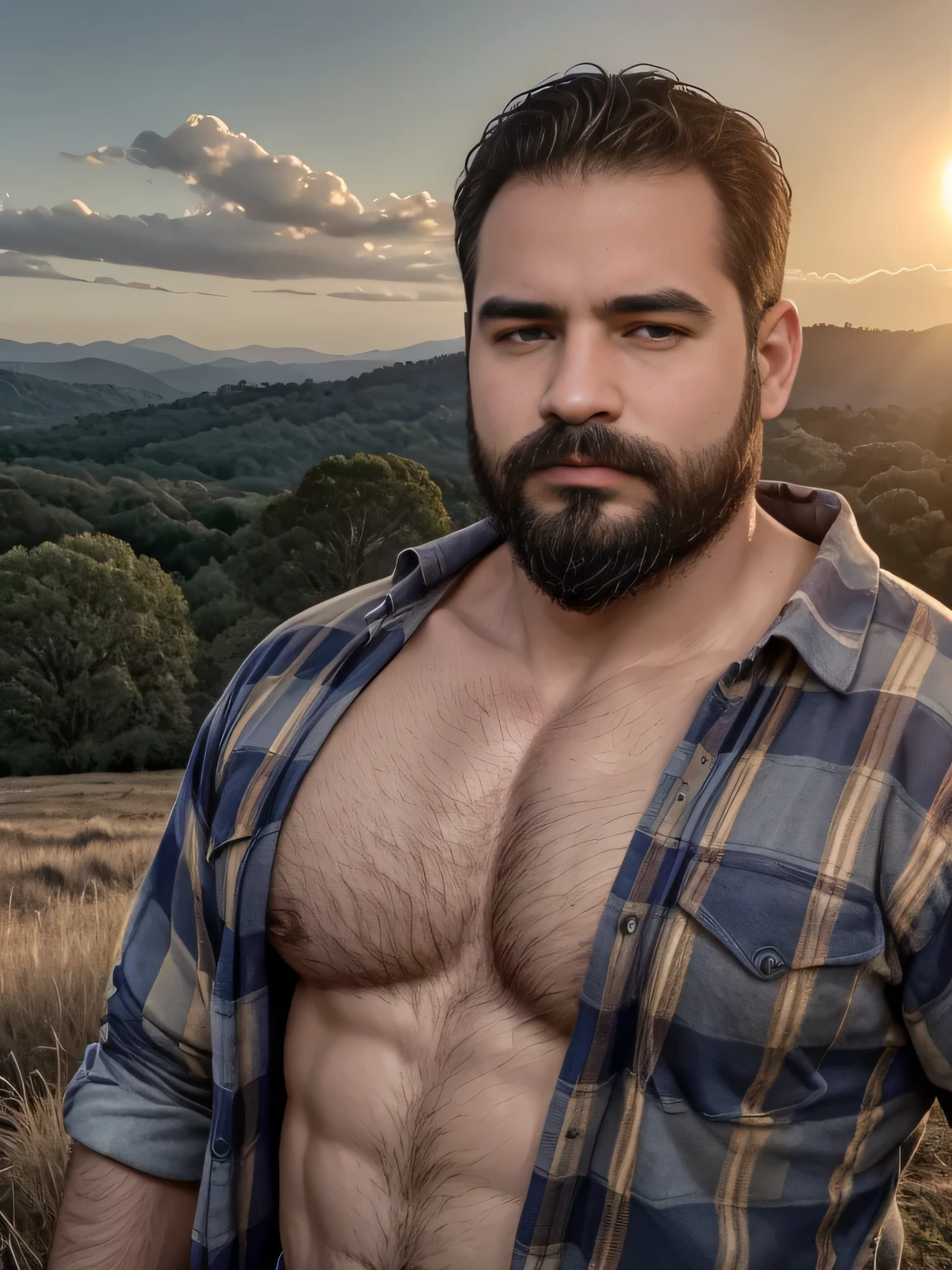 obra maestra, Mejor calidad, high resolution, Retrato de primer plano, (1 chico:1.4) A man in a lumberjack suit, muscular, (descamisado: 1.2) enfoque masculino, enfocarse solo, piel bronceada, 15 year old man dressed as a lumberjack., muscular, fuerte, peludo, Masculino, (descamisado: 1.2), al fondo una granja, en un eclipse de sol, amazing composition, Vista frontal, HDR, volumetric lighting, (plano general, desde el frente:1.2) (GS-Macho :1.5) (magnificent landscape:1.2)