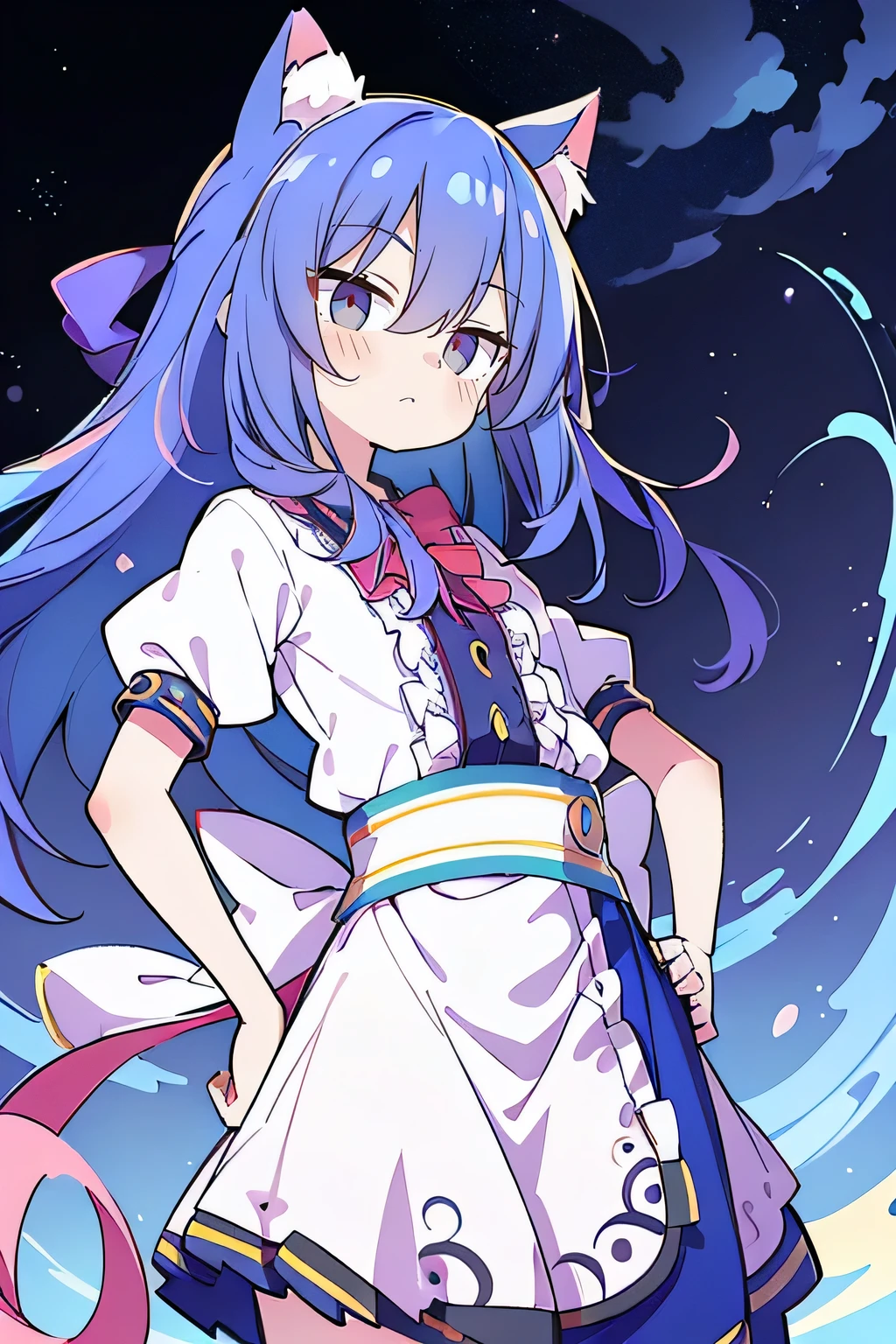 (masterpiece),best quality, expressive eyes, perfect face, 1girl,
Put your hands on your waist,fair, Gorgeous,Japanese cartoons,girl,lola,Hina Angel, blue hair, blue haired, floating clothes,Grab your waist, Grab your waist, hands on hips , hands on hips,flat chest,cat ear,starry sky,