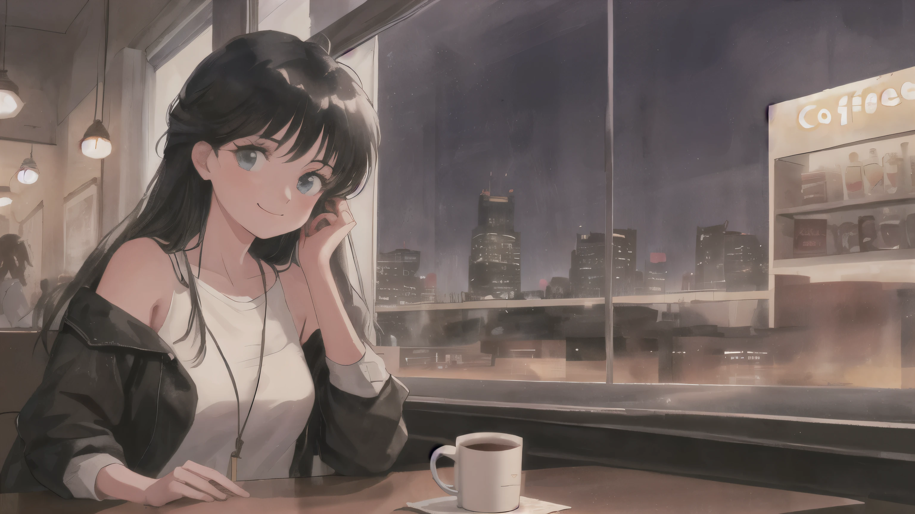 retro artstyle, watercolor, beautiful, masterpiece, best quality, detailed face, perfect lighting,
 1girl, solo,cute ,Mature ,beautiful woman , smile,(closed mouth:1.1) , long black hair, messy bangs, at the coffee shop, Cityscape at night, large windows, I'm looking at my computer.