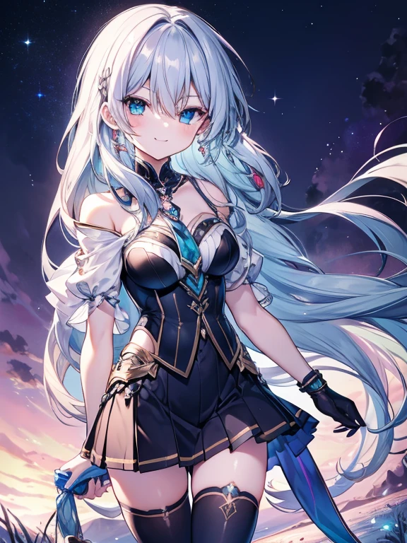 {{Eroge,CG Game,High quality CG Game},{{{1girl in}}},{{masutepiece}}, {{{Best Quality}}}, {{Very detailed}}, {{Illustration}} , ,{{magical  girl}},brooch,,,, {{messy hair}},,Big hair, Gradient Hair,Medium breasts,,,Drill Hair, {pocket watch},unreasonably long hair, Dreadlocks, Silver hair, Silver hair, Blue hair, Gradient hair,((Evil smile)), v-shaped_eyebrows, zettai_ryouiki,,,, floral print and pleated skirt. Add accessories like fringed earrings or a statement necklace.、Complete the look. Gathering on the grassland with adventurers,fantasy grassland background,((Shoulders and arms open)),(Evil smile),Furious,Evil smile,