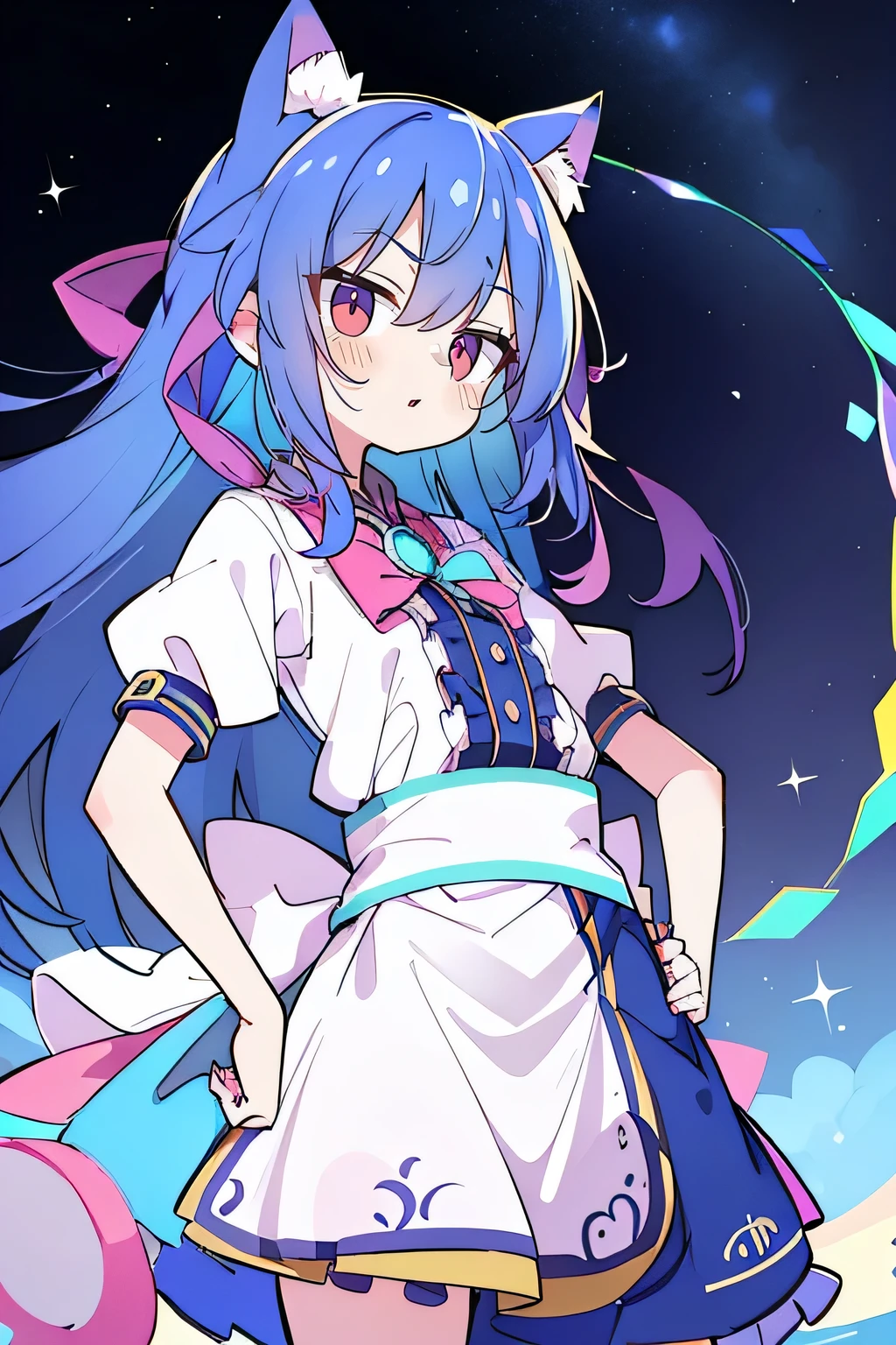 (masterpiece),best quality, expressive eyes, perfect face, 1girl,
Put your hands on your waist,fair, Gorgeous,Japanese cartoons,girl,lola,Hina Angel, blue hair, blue haired, floating clothes,Grab your waist, Grab your waist, hands on hips , hands on hips,flat chest,cat ear,starry sky,
