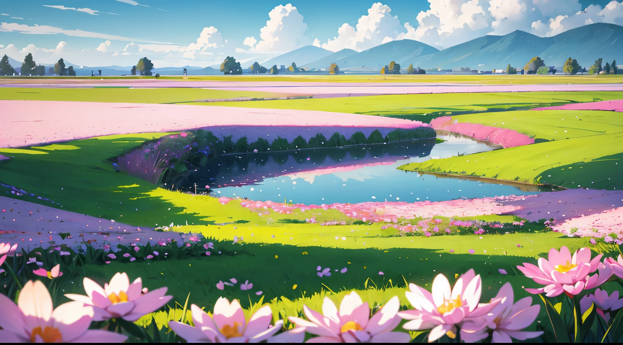 ((spring landscape)), Pasture, some small flowers, Clear lake, null, big cloud, blue null, warm climate, HD detailed, hyper detail, cinematic, soft light, deep field focus bokeh