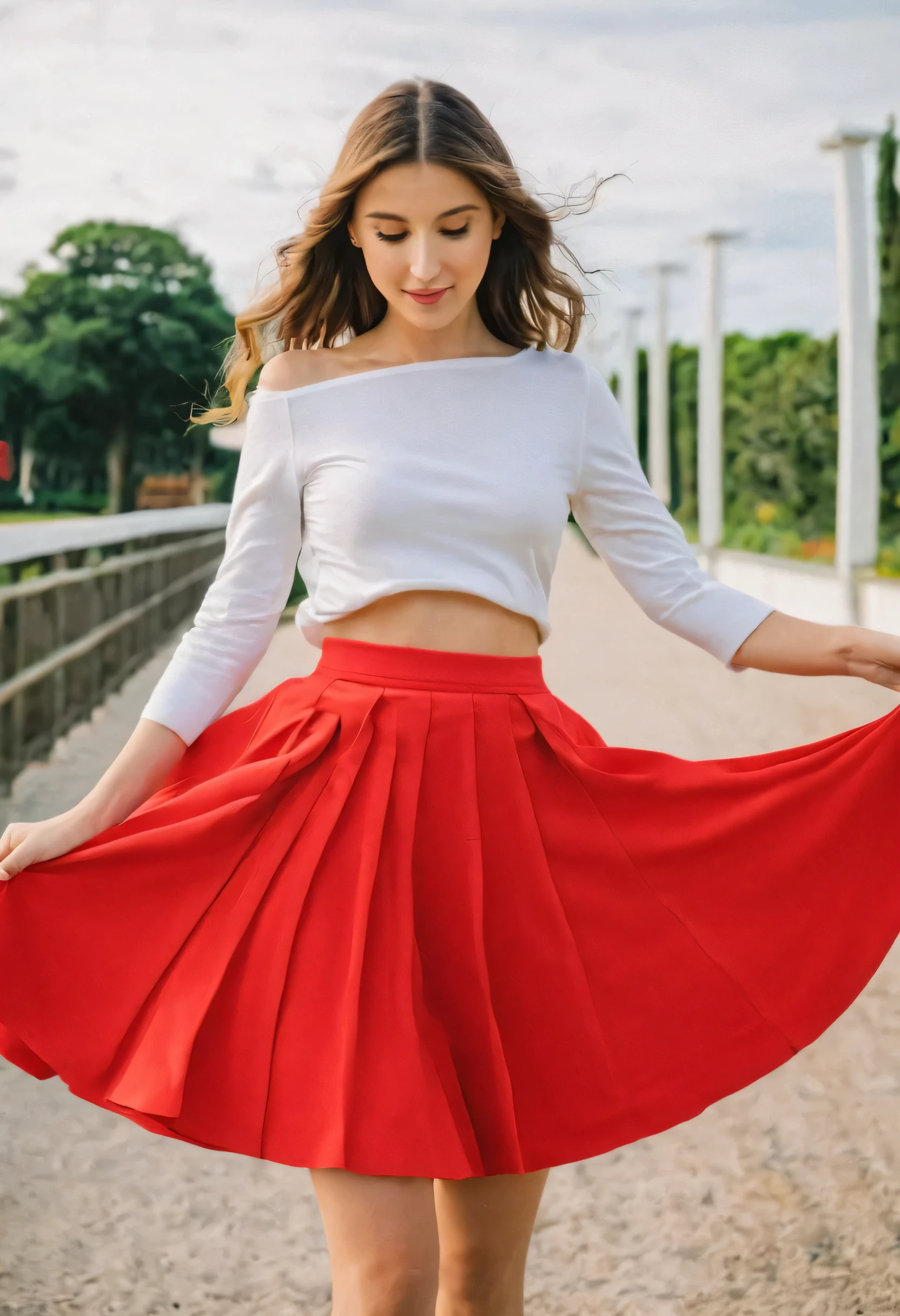 a girl in a red skirt