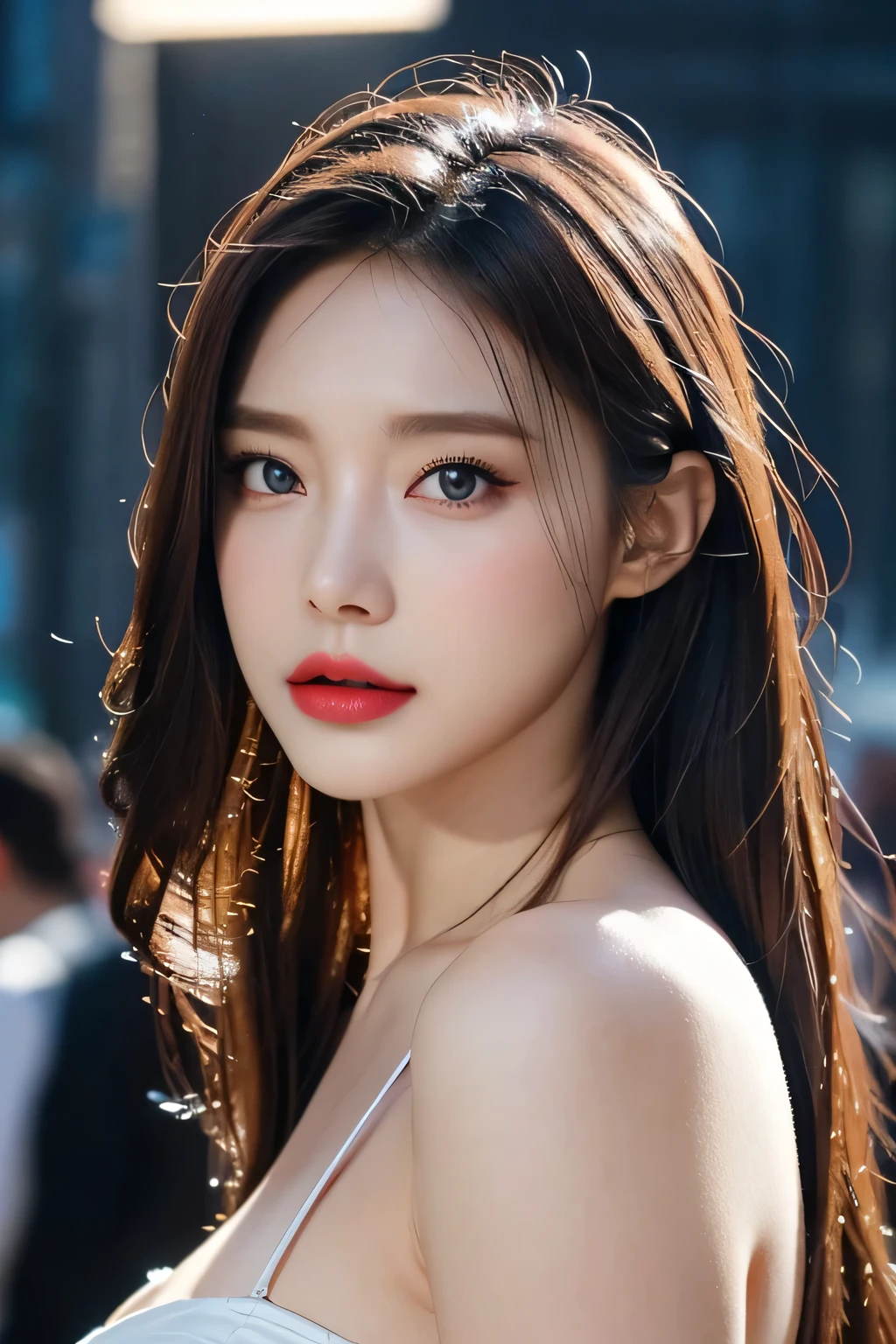 High-quality work,Realistic works,Super premium graphics,8K HD CG works,high quality graphics,High-definition and exquisite CG works,10x pixels,Ultra-fine details:1.1,Advanced technical details:1.1Realistic photo effects,Interior lighting effects:1.5,natural soft light:1.5. Light effect(Virtual light effects:1.8),ultra high resolution,shining dress,sliver long hair,silber hair,transparenthair,high detailed hair(Quality hair details:1.1)Clear eyes,Double eyelids look good,Sharp eye makeup, Create exquisite eyelash makeup, tthin eyebrows, Ultra-detailed eyes,a tall nose, lovely red lips, rosey cheeks, With delicate makeup on her face , pretty face, The face shape is perfectly proportioned,(Advanced facial details:1.1)beauty,centered,looking at the camera,approaching perfection,dynamic, in the cyberpunk city, looking at viewer, moonlight,highly detailed,digital painting,artstation,concept art,smooth,sharp focus,illustration,art by Carne Griffiths and Wadim Kashin . energetic brushwork, bold colors, abstract forms, expressive, emotional, official art,unity 8k wallpaper,ultra detailed,beautiful and aesthetic,masterpiece,best quality,(zentangle, mandala, tangle, entangle),(fractal art:1.3),1girl,medium breasts,extremely detailed,dynamic angle,((cowboyshot)),the most beautiful form of chaos,elegant,a brutalist designed,vivid colours,romanticism,by james jean,roby dwi antono,ross tran,francis bacon,michal mraz,adrian ghenie,petra cortright,gerhard richter,takato yamamoto,ashley wood,atmospheric,ecstasy of musical notes,streaming musical notes visible,,Women's artwork,Dress full body video,Realism,Amazing Cleavage,My eyes are very bright today