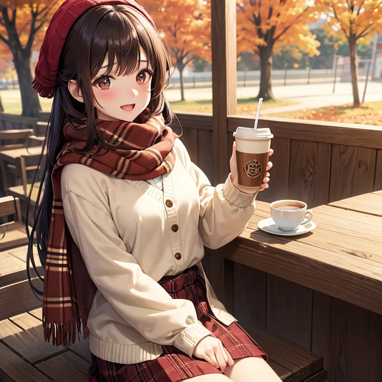 1 girl, autumn leaves, Bangs, black headdress, blurred background, blush, brown eyes, brown hair, brown scarf, brown skirt, cardigan, coffee, Cowboy shooting, cup, disposable cup, drink, fallen leaves, Wool cap, Keep, Keep drink, leaf, long hair, long sleeve, looking at the audience, open cardigan, open mouth, Plaid, Plaid skirt, puffy long sleeve, red sweater, scarf, shirt, shirt tucked in, side lock, skirt, Smile, alone, sweater, white shirt, Very detailed, complex, masterpiece, Ridiculous