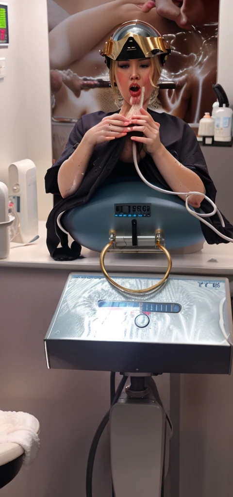 Sexy white woman, huge gold hoop earrings, hair salon, sit under the helmet hair dryer, brainwashing, naked, sucking a dick , nipples lactation machine, hooddryer, hair dryer helmet
Brain suck, huge red lips , fellation, dick in her mouth, porn, futanari,