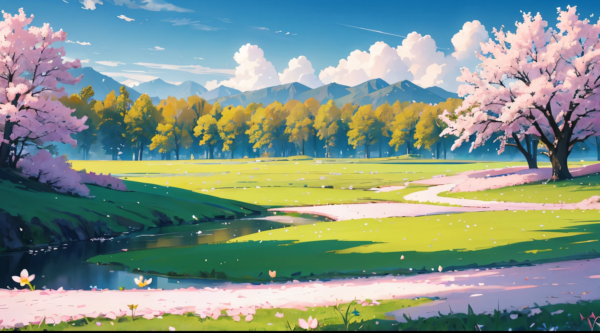 ((spring landscape)), Pasture, some small flowers, Clear lake, null, big cloud, blue null, warm climate, HD detailed, hyper detail, cinematic, soft light, deep field focus bokeh