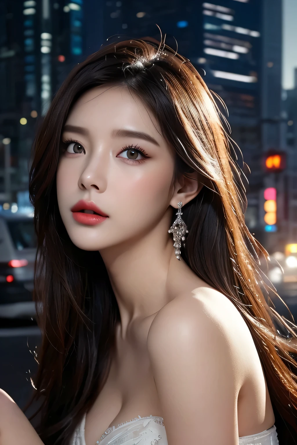 High-quality work,Realistic works,Super premium graphics,8K HD CG works,high quality graphics,High-definition and exquisite CG works,10x pixels,Ultra-fine details:1.1,Advanced technical details:1.1Realistic photo effects,Interior lighting effects:1.5,natural soft light:1.5. Light effect(Virtual light effects:1.8),ultra high resolution,shining dress,sliver long hair,silber hair,transparenthair,high detailed hair(Quality hair details:1.1)Clear eyes,Double eyelids look good,Sharp eye makeup, Create exquisite eyelash makeup, tthin eyebrows, Ultra-detailed eyes,a tall nose, lovely red lips, rosey cheeks, With delicate makeup on her face , pretty face, The face shape is perfectly proportioned,(Advanced facial details:1.1)beauty,centered,looking at the camera,approaching perfection,dynamic, in the cyberpunk city, looking at viewer, moonlight,highly detailed,digital painting,artstation,concept art,smooth,sharp focus,illustration,art by Carne Griffiths and Wadim Kashin . energetic brushwork, bold colors, abstract forms, expressive, emotional, official art,unity 8k wallpaper,ultra detailed,beautiful and aesthetic,masterpiece,best quality,(zentangle, mandala, tangle, entangle),(fractal art:1.3),1girl,medium breasts,extremely detailed,dynamic angle,((cowboyshot)),the most beautiful form of chaos,elegant,a brutalist designed,vivid colours,romanticism,by james jean,roby dwi antono,ross tran,francis bacon,michal mraz,adrian ghenie,petra cortright,gerhard richter,takato yamamoto,ashley wood,atmospheric,ecstasy of musical notes,streaming musical notes visible,,Women's artwork,Dress full body video,Realism,Amazing Cleavage,My eyes are very bright today