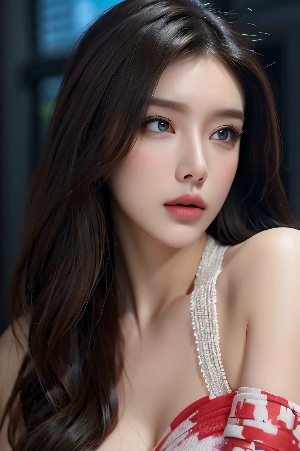 High-quality work，Realistic works，Super premium graphics，8K HD CG works，high quality graphics，High-definition and exquisite CG works，10x pixels，Ultra-fine details：1.1，Advanced technical details：1.1Realistic photo effects，Interior lighting effects：1.5，natural soft light：1.5. Light effect（Virtual light effects：1.8），ultra high resolution，shining dress，sliver long hair，silber hair，transparenthair，high detailed hair（Quality hair details：1.1）Clear eyes，Double eyelids look good，Sharp eye makeup, Create exquisite eyelash makeup, tthin eyebrows, Ultra-detailed eyes，a tall nose, lovely red lips, rosey cheeks, With delicate makeup on her face , pretty face, The face shape is perfectly proportioned,（Advanced facial details：1.1）beauty,centered,looking at the camera,approaching perfection,dynamic, in the cyberpunk city, looking at viewer, moonlight,highly detailed,digital painting,artstation,concept art,smooth,sharp focus,illustration,art by Carne Griffiths and Wadim Kashin . energetic brushwork, bold colors, abstract forms, expressive, emotional, official art,unity 8k wallpaper,ultra detailed,beautiful and aesthetic,masterpiece,best quality,(zentangle, mandala, tangle, entangle),(fractal art:1.3),1girl,medium breasts,extremely detailed,dynamic angle,((cowboyshot)),the most beautiful form of chaos,elegant,a brutalist designed,vivid colours,romanticism,by james jean,roby dwi antono,ross tran,francis bacon,michal mraz,adrian ghenie,petra cortright,gerhard richter,takato yamamoto,ashley wood,atmospheric,ecstasy of musical notes,streaming musical notes visible,，Women's artwork，Dress full body video，Realism，Amazing Cleavage，My eyes are very bright today
