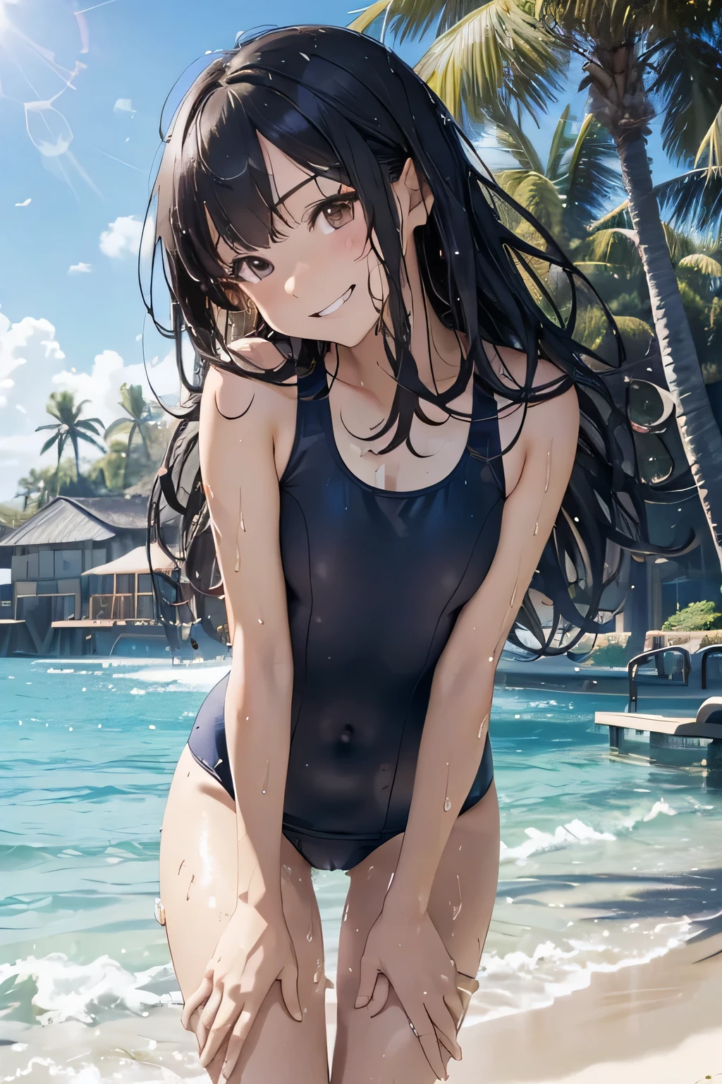 (masutepiece:1.2), (Best Quality:1.2), beautiful artwork,(Extreme Detail CG Unity), (8K wallpaper)、(exquisite lighting and shadow)、(highly dramatic picture)、(cinematic lens effects)、 teenager girl standing on the sandy beach,(school swim wear), 1girl in, (School Swimsuit:1.3), Solo, onepiece swimsuit, Outdoors, Long hair, Wet, Covered navel, skyporn, Water, Black hair, (Big smile), (Brown eyes), day, Small breasts, Bangs, Sunlight, through thighs, NAVY Blue one-piece swimsuit,(Wet:1.1),(straggling hair:1.2), (swimsuit is wet),(Strong sunshine),(Lens Flare:1.1),(Tsurime:1.1),(from front),(Sweat),(leaning forward),(head tilt:1.1),(evil smile:1.1),