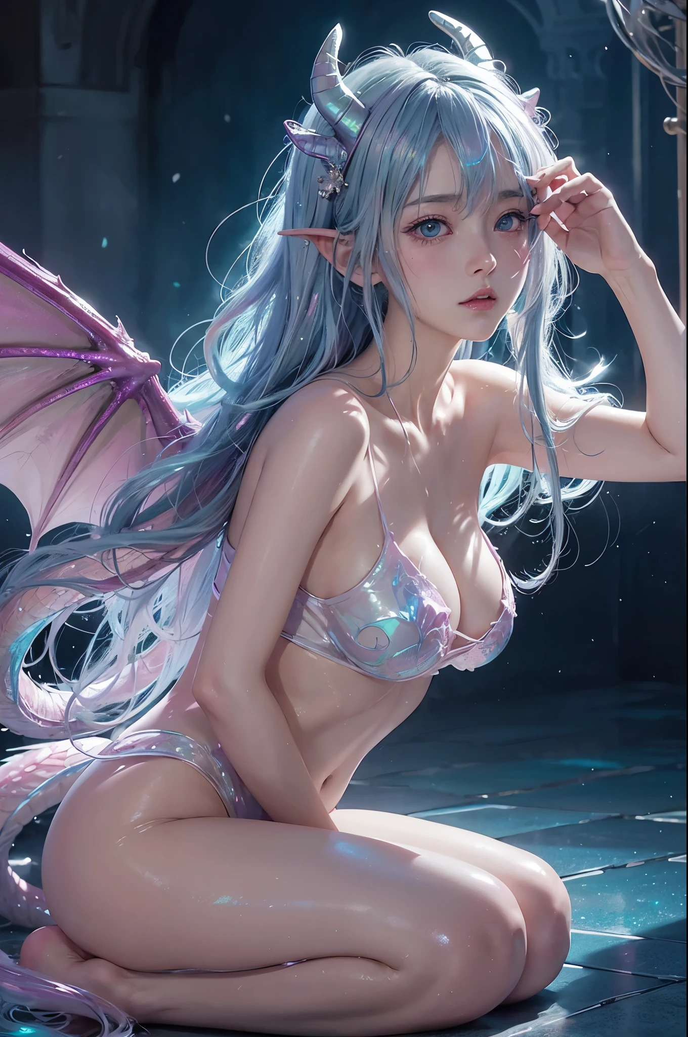 masterpiece, best quality, (Anime:1.4), pastel anime dragon girl, slime, wet look, shimmering lights, dragon in background, whirls of vapor, iridescent textures, dragon scales, dragon horns, dragon wings, translucent scales, soft neon pink light, ethereal ambiance, delicate details, magical atmosphere  