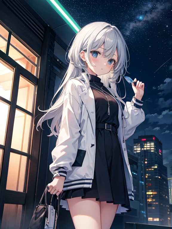 ((8K, Highest Quality, Masterpiece:1.3)), Ultra High Quality, (1 Girl, 1 Person), (Color Changing Eyes, Super Detailed, Expressive Shine, Sparkling Eyes), Highly Detailed Eyes, Highly Detailed Face, Random Hair, (Silver Gray Color), Exposed, Tight Fitting Turtleneck, Checkered Pencil Skirt, Black Pumps, Simple Watch, Silver Earrings, Red Lips, Straight Hair, (Cute Bra and Cute Panties:1.1), Wet Panties, (Ecstatic Expression:1.3), Standing, Angle from Below, White Skin, Balcony, (Night View, Starry Sky:1.2), Fantastic Light