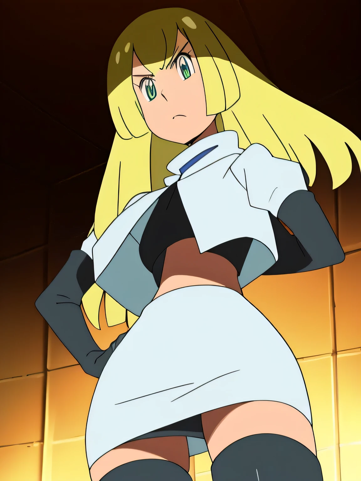 colette brunel,very large breasts,8k, masterpiece,highres, team rocket uniform, red letter r, white skirt,white crop top,black thigh-high boots, black elbow gloves, glaring angrily, looking down at viewer, hands on hips, cowboy shot, from below, black panties,anime style, vivid colors, sharp focus, intense lighting,