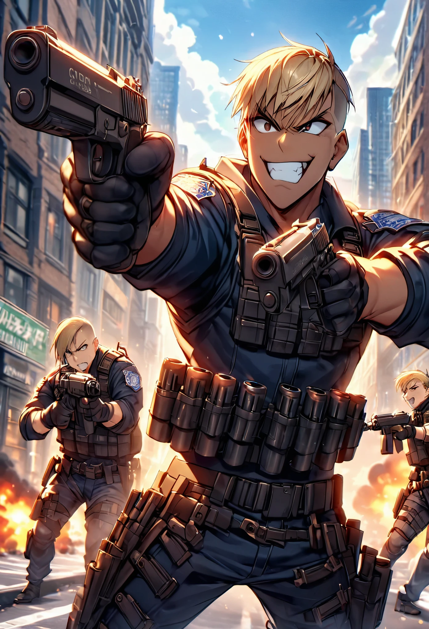 mercenary, male, male focus, muscular, blonde hair, dark brown eyes, crew cut, maniacal laugh, v-shaped eyebrow, evil smile, clenched teeth, ammunition belt, grenades, drop-down pistol holster on the right hip, holstered pistol on the right hip, (holding a shotgun), new york street, gunfight, shootout, shot NYPD cruisers, an explosion in the street