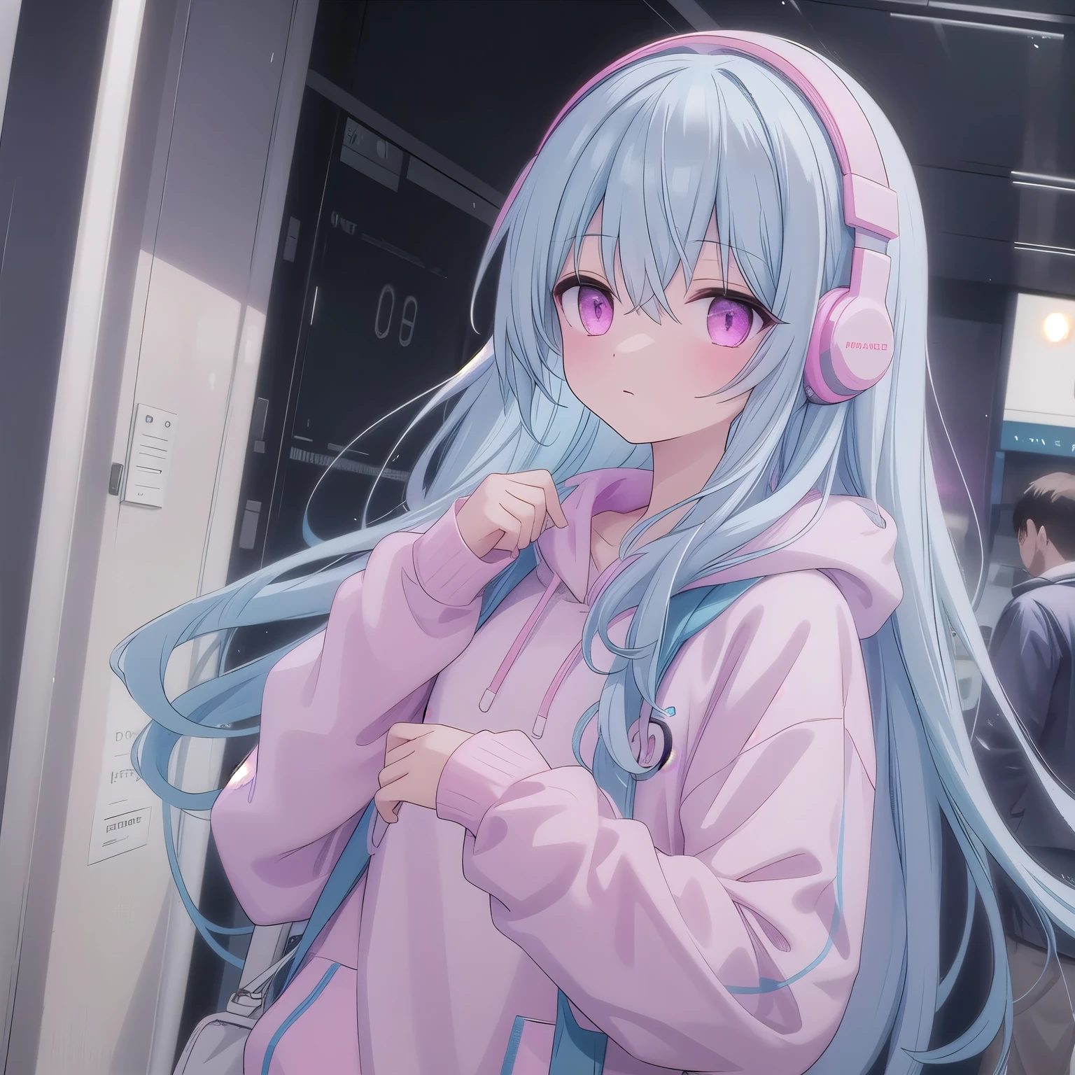Long light blue hair,Pink and white sweatshirt,pink eyes,black headphones