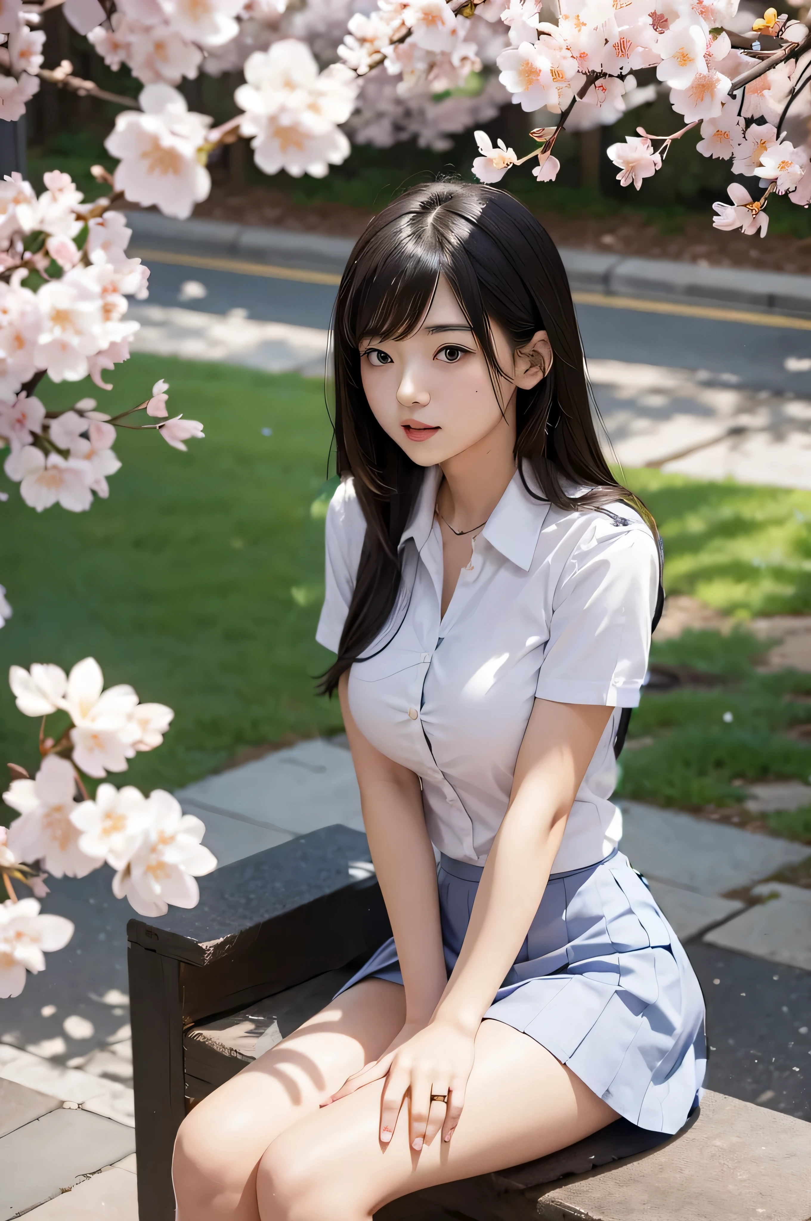 Changed to a busty high school girl, 18 years old, wearing a dress shirt and navy blue miniskirt uniform.。