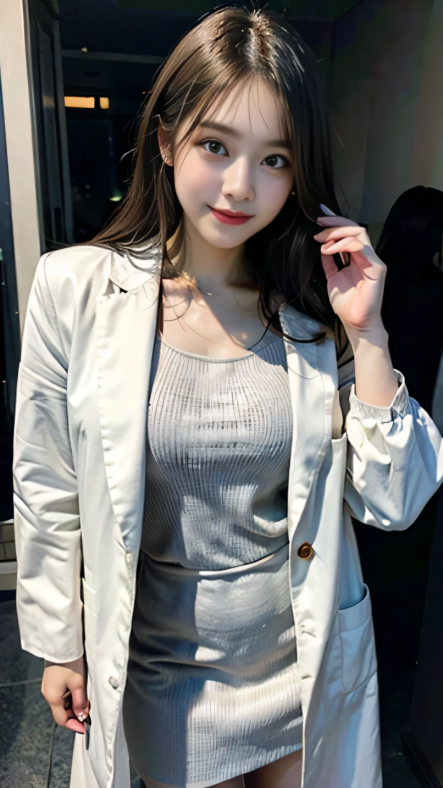 full body, glamor, wearing doctor lab coat, (8k, RAW photo, best quality, masterpiece:1.2), ultra-detailed, (realistic, photo realistic:1.37), portrait, high detail RAW color photo, an extremely delicate and beautiful, extremely detailed, extremely detailed skin, famous idol, kawaii, fair skin, big rounded eyes, smile, cute, young, cute face, realistic face