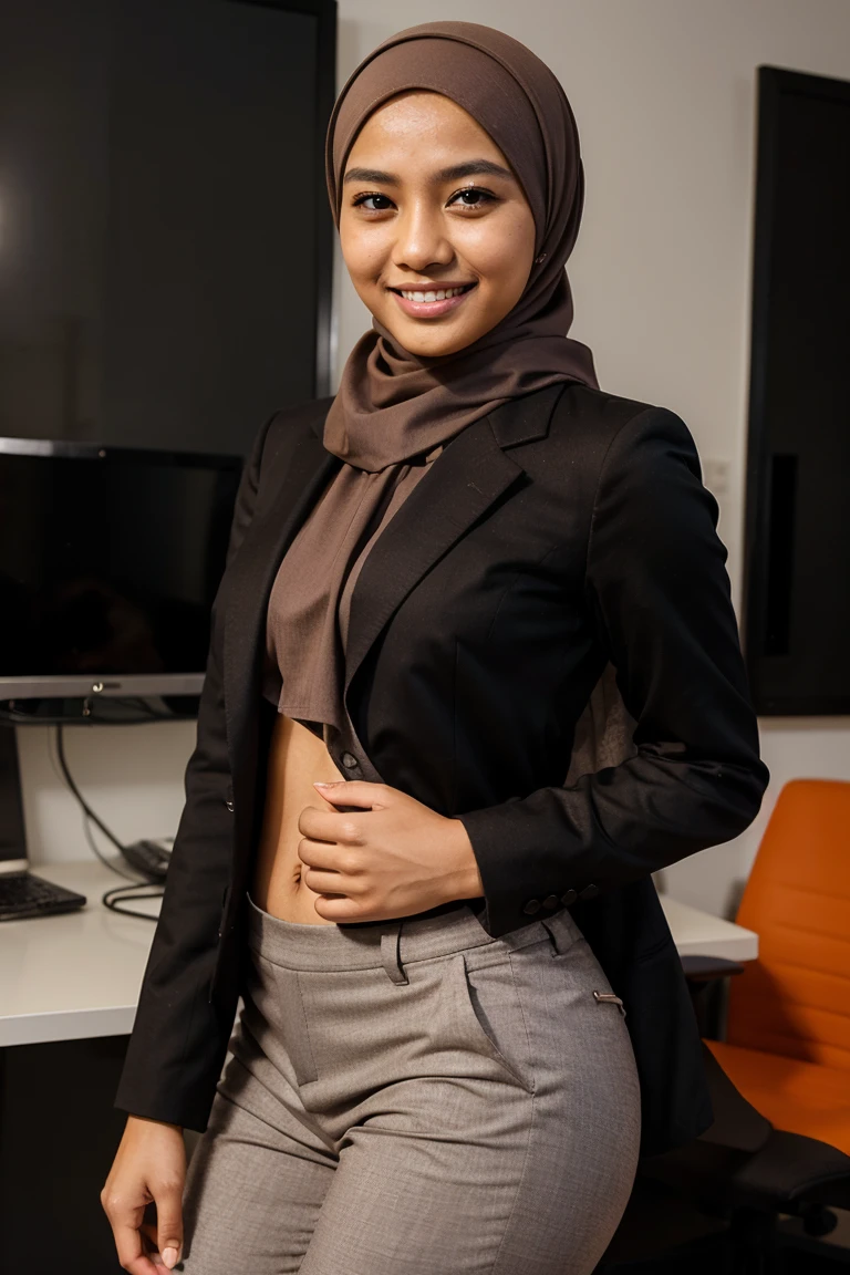 Nude 24 year old teenage malay woman with hijab,wearing office suit,tight pants,closed mouth,smiling