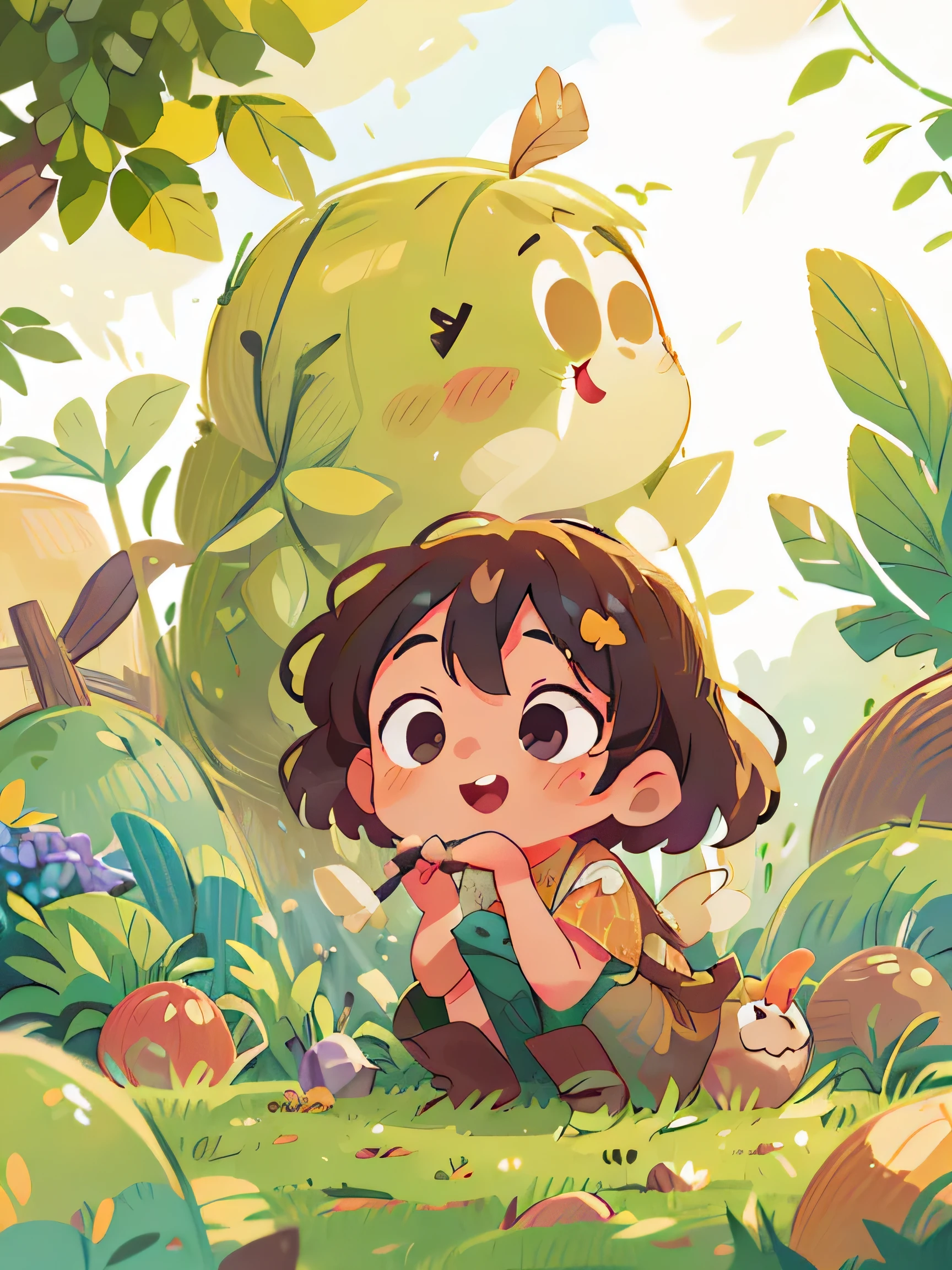 On an autumn afternoon,a girl，In the vegetable garden，squat on the ground，Pick vegetables，cute，brush，brush strokes，Texture，children illustration，advertisement image,  (masterpiece: 1.2) (realist: 1.2) (Bokeh) (better quality) (Delicate skin: 1.3) (intricate details) (8K) (Detailed eyes) (sharp focus), (happy)