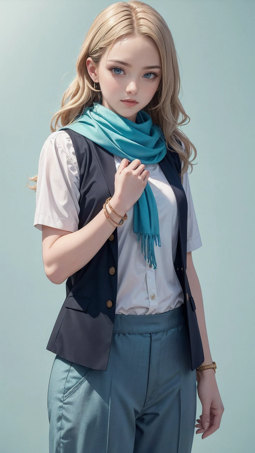 ((最high quality, 8K, masterpiece: 1.3, ultra hd, high quality, 最high quality, High resolution, realism)) 、(high color saturation:1.0), (highly detailed skin), (最high quality:1.0), (超High resolution:1.0) ,(realistic:1.0), (Super detailed:1.0), (8K, Raw photo:1.1), thin、thin, muscular body'Toned like an athlete's、24 year old white female、blue eyes、blonde、medium long hair、hair is wavy、Accessories on your wrist、Scarf Tie Blouse((Scarf tie blouse))、Aladdin Pants((Aladdin Pants))wear、サンダルwear、Pastel green background