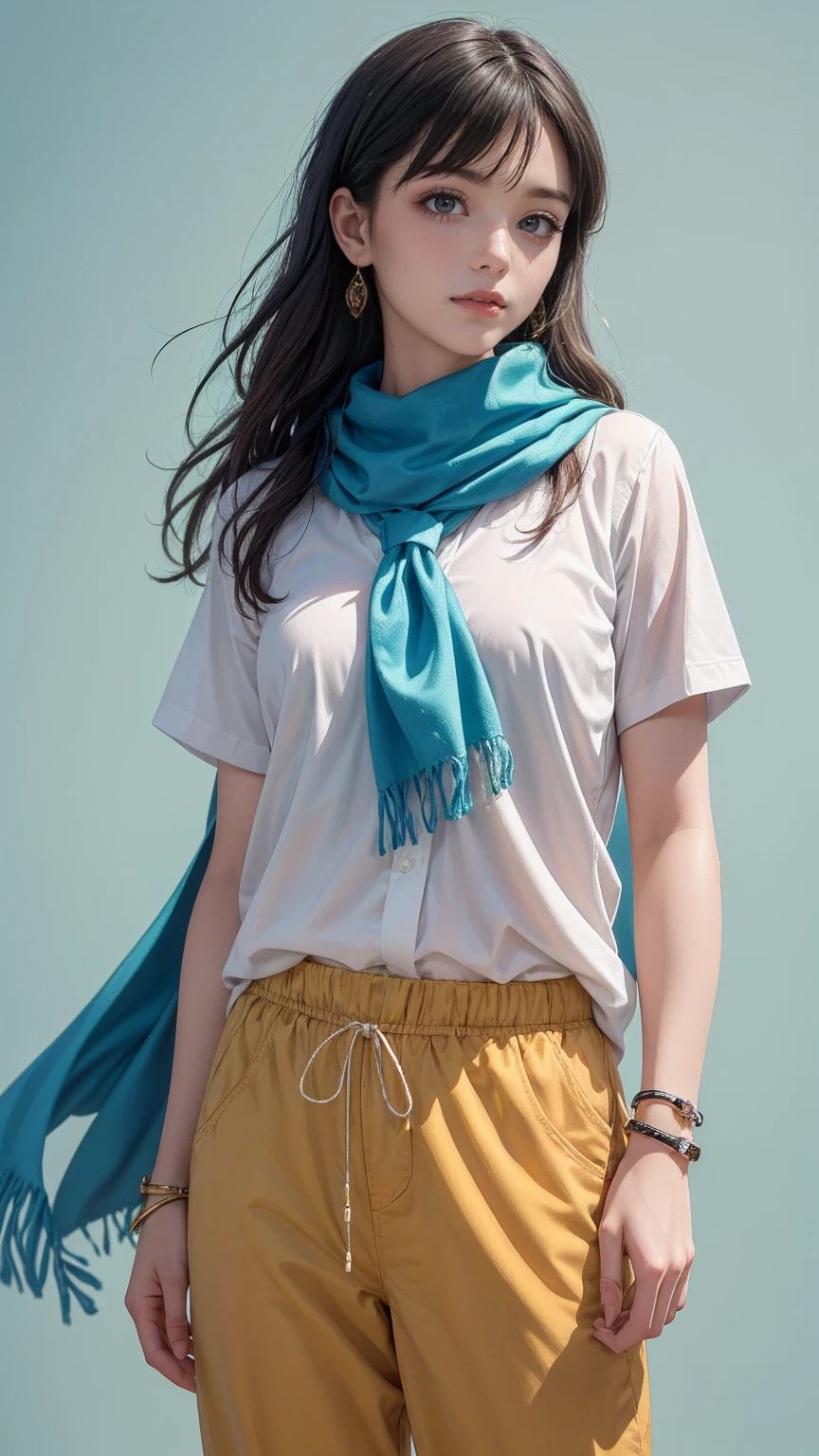 ((最high quality, 8K, masterpiece: 1.3, ultra hd, high quality, 最high quality, High resolution, realism)) 、(high color saturation:1.0), (highly detailed skin), (最high quality:1.0), (超High resolution:1.0) ,(realistic:1.0), (Super detailed:1.0), (8K, Raw photo:1.1), thin、thin, muscular body'Toned like an athlete's、24 year old white female、blue eyes、blonde、medium long hair、hair is wavy、Accessories on your wrist、Scarf Tie Blouse((Scarf tie blouse))、Aladdin Pants((Aladdin Pants))wear、サンダルwear、Pastel green background
