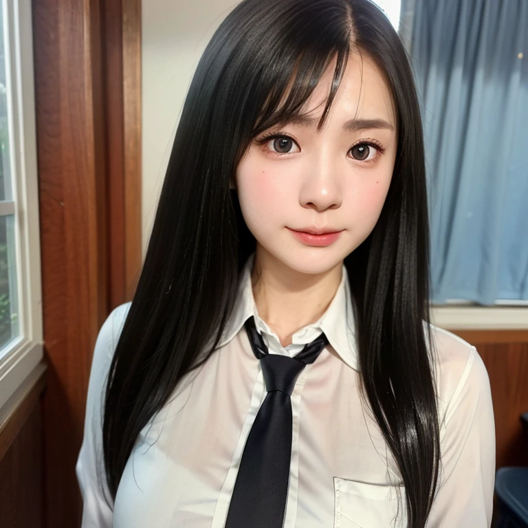 (kawaii 24 year-old Japanese girl, Nogizaka idol, Korean idol), (glossy black hair, seductive hair style:1.3), (extra rounded face, single eyelid, no makeup, soft smiling:1.2), (wearing collared shirt, necktie:1.3), (well shaped extra small breasts), (looking at viewer:1.2), BREAK, (classroom background, standing by the window:1.3), (dynamic angle, face focus:1.3), BREAK, (masterpiece, best quality, photo realistic, official art:1.4), (UHD, 8K quality wallpaper, high resolution, raw photo, film grain:1.2), (shiny skin), professional lighting, physically based rendering, award winning, (perfect anatomy, highly detailed skin textures, extremely detailed face and eyes, well drawn glittering pupils), Carl Zeiss 85 mm F/1.4, depth of field, 1girl, solo,