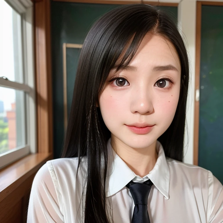 (kawaii 24 year-old Japanese girl, Nogizaka idol, Korean idol), (glossy black hair, seductive hair style:1.3), (extra rounded face, single eyelid, no makeup, soft smiling:1.2), (wearing Japanese school uniforms, collared shirt, necktie:1.3), (well shaped extra small breasts), (looking at viewer:1.2), BREAK, (classroom background, standing by the window:1.3), (dynamic angle, face focus:1.3), BREAK, (masterpiece, best quality, photo realistic, official art:1.4), (UHD, 8K quality wallpaper, high resolution, raw photo, film grain:1.2), (shiny skin), professional lighting, physically based rendering, award winning, (perfect anatomy, highly detailed skin textures, extremely detailed face and eyes, well drawn glittering pupils), Carl Zeiss 85 mm F/1.4, depth of field, 1girl, solo,