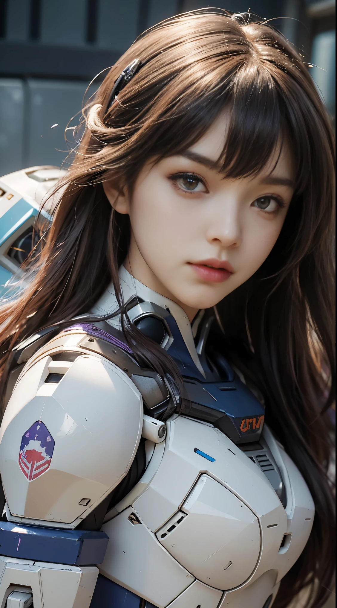 RAW, Masterpiece, Ultra Fine Photo,, Best Quality, Ultra High Resolution, Photorealistic, Sunlight, Full Body Portrait, Stunningly Beautiful,, Dynamic Poses, Delicate Face, Vibrant Eyes, (Side View) a close up of a woman in a pink and white gundam custume, dybamic pose, long brown very very long hair rapunzel, girl in mecha cyber armor, portrait armored astronaut girl, d. va from overwatch, female mecha, on a gundam, gundam head, chiho aoshima color scheme, mobile suit, streamlined purple armor, fully robotic!! girl, realistic cosplay, gundam armor (dynamic pose) (best cameraview), full body
